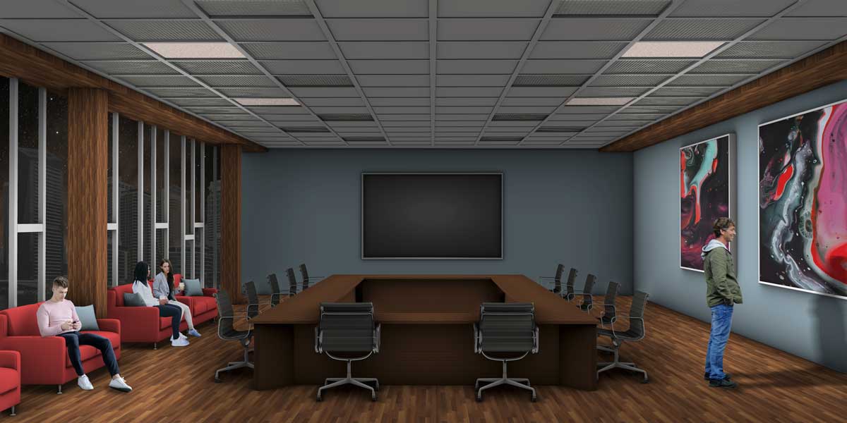 Digital representation of a conference room at night